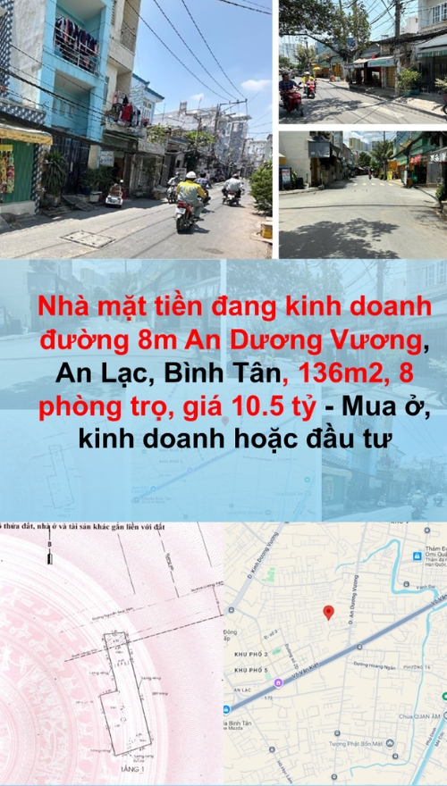 Nhà mặt tiền đường 8m An Dương Vương, An Lạc, Bình Tân, diện tích 136m2, đang kinh doanh phòng trọ với thu nhập ổn định 18 triệu/tháng